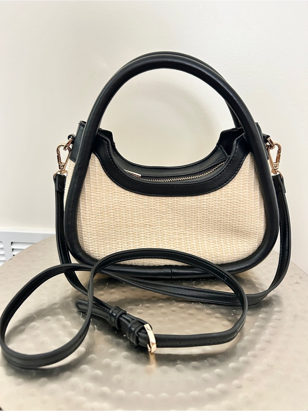 Black Trim Cream Woven Crossbody Bag